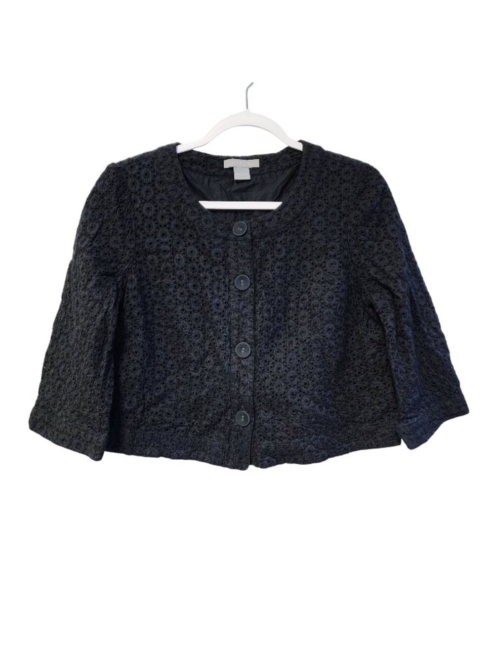 Ann Taylor Black Eyelet Button Front Crop Jacket Size M